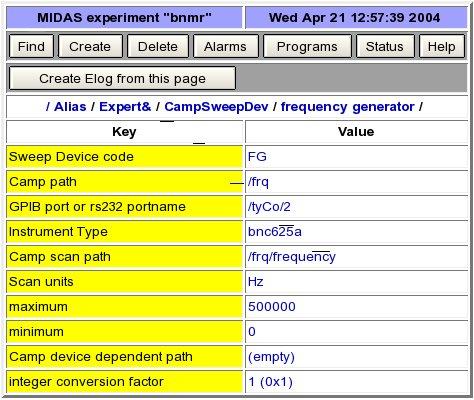 Camp Device Parameters for the frequency generator